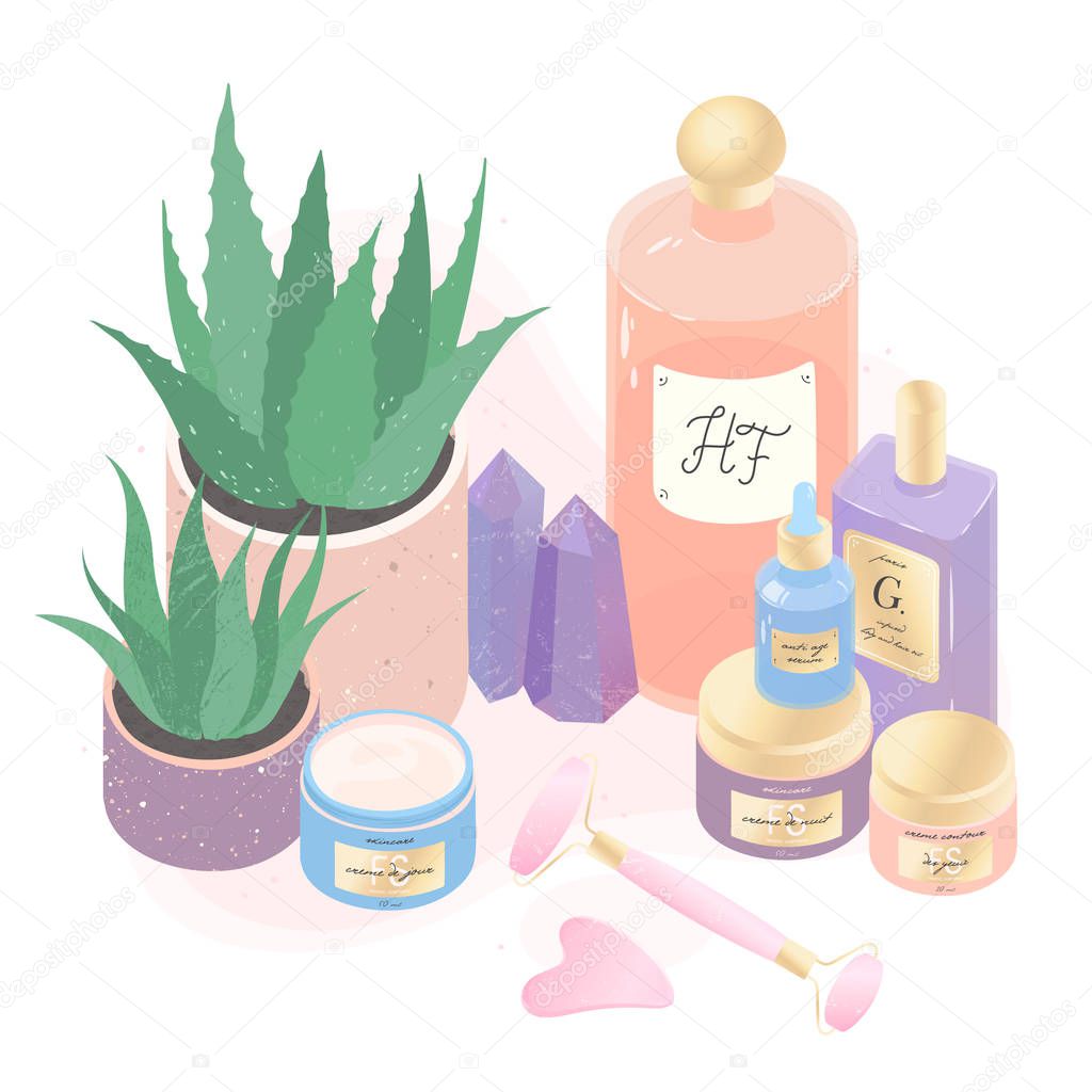 Serum,creams,perfume,face massage tools and aloe vector illustration set.Beauty routine concept.Skin care treatment,wellness and ralax design elements.Home fragrances,cute hygge home decoration 