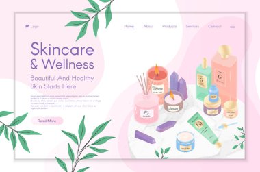 Cilt bakımı, spa, güzellik, rutin öğretim, doğal ürünler, kozmetik, kişisel bakım için web sayfası tasarım şablonu. Web sitesi, mobil web sitesi için vektör illüstrasyon konsepti. İniş sayfası düzeni.