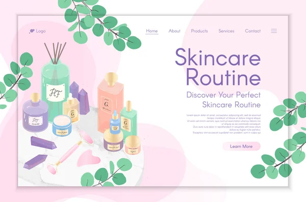 皮肤护理治疗 美容常规指导 天然产品 化妆品 自我护理的网页设计模板 移动网站的病媒说明概念 — 图库矢量图片