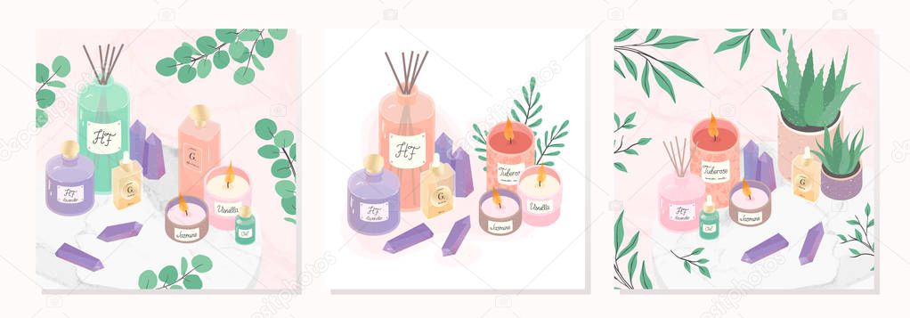 Vector bundle of  candles,deffuser,oil,aloe,perfume and amethyst crystals on a decorative marble tray.Ayurveda,spa and wellness concept.Aromatherapy and ralax design elements.Home fragrances