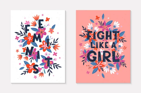 一套少女矢量插图 T恤衫的时髦印刷品 插花和花卉元素的卡片和印刷品 女权主义者引证和妇女激励口号 妇女的运动概念 — 图库矢量图片