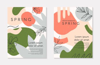 El çizimi organik şekiller ve pastel renkler içeren bahar vektör kolajları seti. Baskı, el ilanları, davetiyeler, marka tasarımı, kapaklar ve daha fazlası için mükemmel çağdaş tasarım.