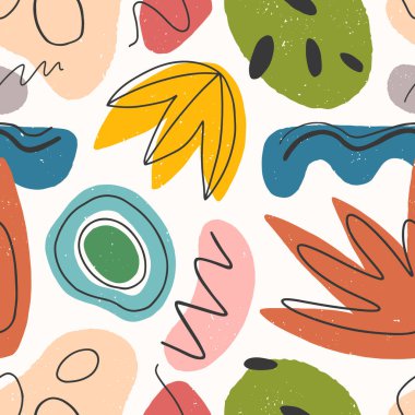 Renkli el çizimleri, organik şekiller, çizgiler, karalamalar ve elementlerle kusursuz bir desen. Doğal şekiller. Vector modası, baskılar, el ilanları, afişler, kumaşlar, davetiyeler, markalar, kapaklar ve daha fazlası için mükemmel..