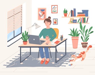 COVID-19 karantinası sırasında evinde çalışan serbest çalışan genç bir kadın. Masada dizüstü bilgisayarla oturan bir kız, kedi oynamak istiyor. Serbest çalışan vektör ilüstrasyonunun günlük hayatı..