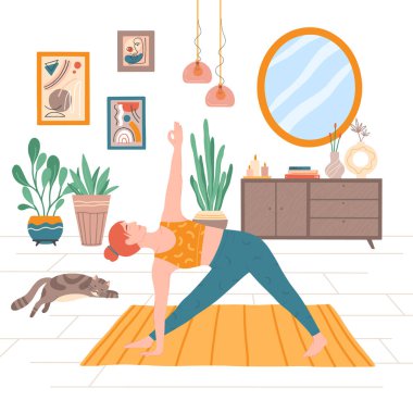 Evde yoga yapan genç kadın, yerde uyuyan kedi. Farkındalık pratiği, meditasyon, rahatlama ve fiziksel egzersiz. Karantina, evde kal. Sağlıklı yaşam tarzı kavramı..