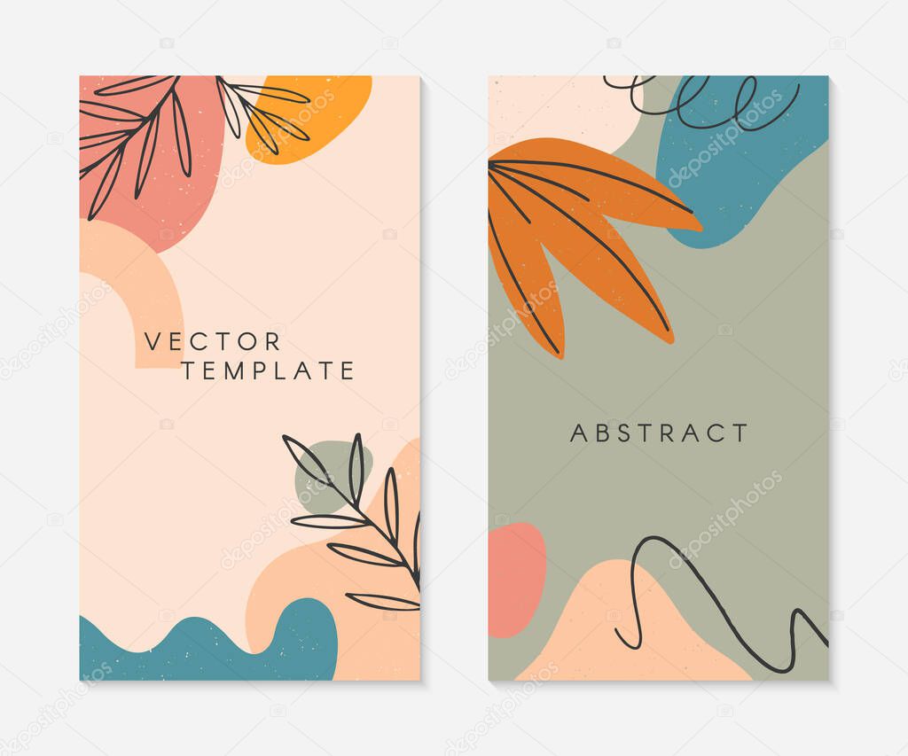 Set of creative stories templates with copy space for text.Modern vector illustrations,hand drawn organic shapes and textures.Trendy contemporary design for prints,banners,brochures,social media post.