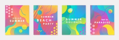 Parlak gradyan arka plan, şekiller ve geometrik elementlere sahip bir grup modern vektör yaz afişi. Moda soyut tasarımı baskılar, sosyal medya, afişler, davetiyeler, markalaşma tasarımı, kapaklar için mükemmel.