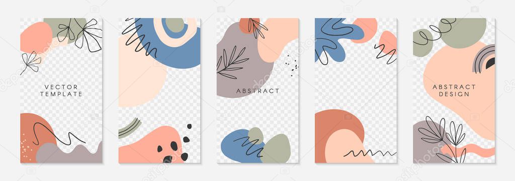 Set of editable insta story templates with copy space for text.Modern vector layouts with hand drawn organic shapes and textures.Trendy design for social media marketing,digital post,prints,banners.