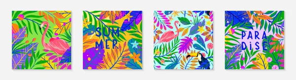 夏季病媒图片和图案丛生 热带树叶 触须和火烈鸟 手绘纹理的多彩的植物 适合印刷 社交媒体的异国背景 — 图库矢量图片