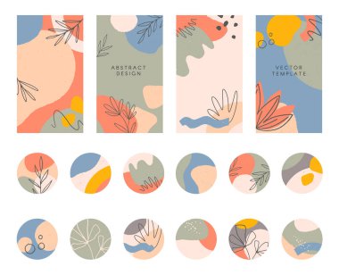 Düzenlenebilir insta hikaye şablonları ve ön plana çıkarılması.Elle çizilmiş organik şekiller ve dokular ile vektör düzenleri. Soyut arka planlar. Sosyal medya pazarlaması için moda tasarımı. Sosyal medya kiti.