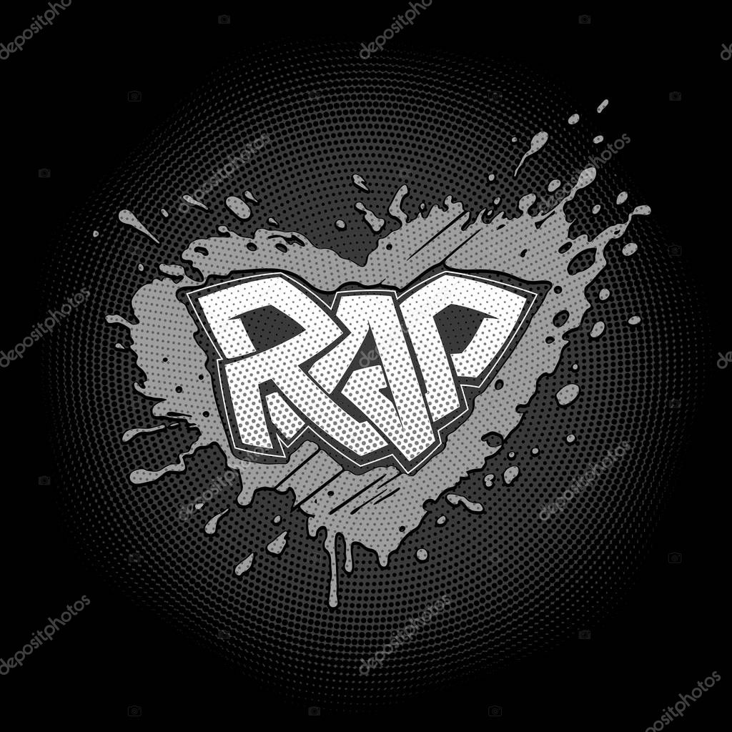 Rap graffiti logo on the grunge splashed shape of heart with a halftone dots. You can use this lettering without background and halftone dots by turning off unnecessary layers.
