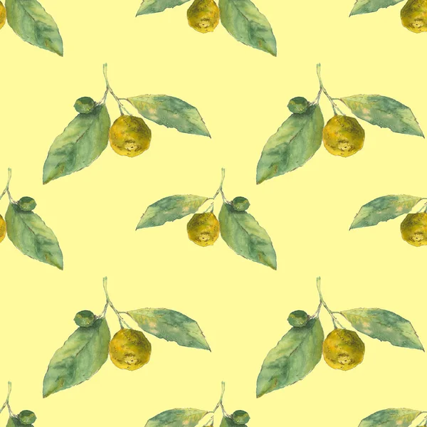 Klementiner. Citrus på gul bakgrund. Sömlös akvarell mönster — Stockfoto
