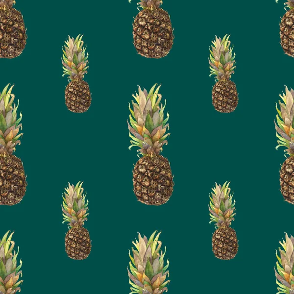 Pineapple ananas with colorful leaves on dark green background. Seamless watercolor pattern