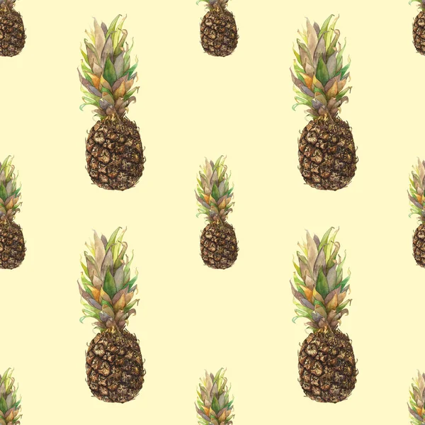 Pineapple ananas with colorful leaves on yellow background. Seamless watercolor pattern