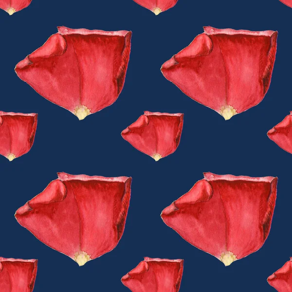 Röda rosenblad på indigo bakgrund. Sömlös akvarell mönster — Stockfoto