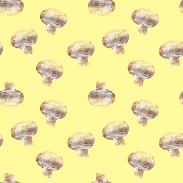 Champiñón champiñón sobre fondo amarillo. Patrón de acuarela sin costuras — Foto de Stock