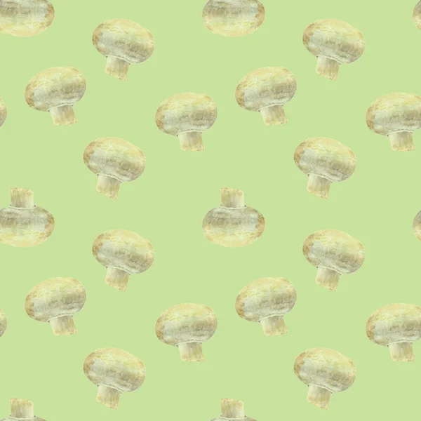 Прозрачный грибной шампиньон на зеленом фоне. Бесшовный акварельный рисунок — стоковое фото