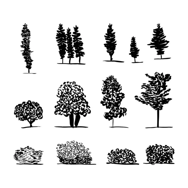 Ensemble d'arbres. Noir et blanc — Image vectorielle