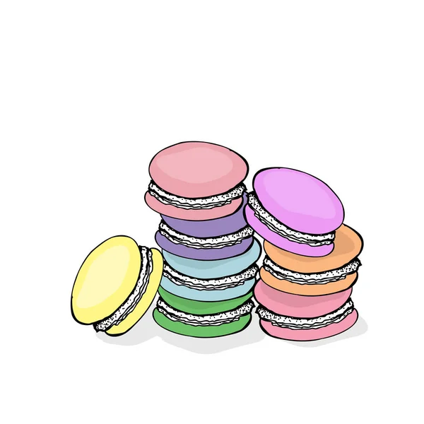 Montón de coloridos macaron, tartas de almendras macarrones, ilustración vectorial estilo boceto aislado sobre fondo blanco — Vector de stock