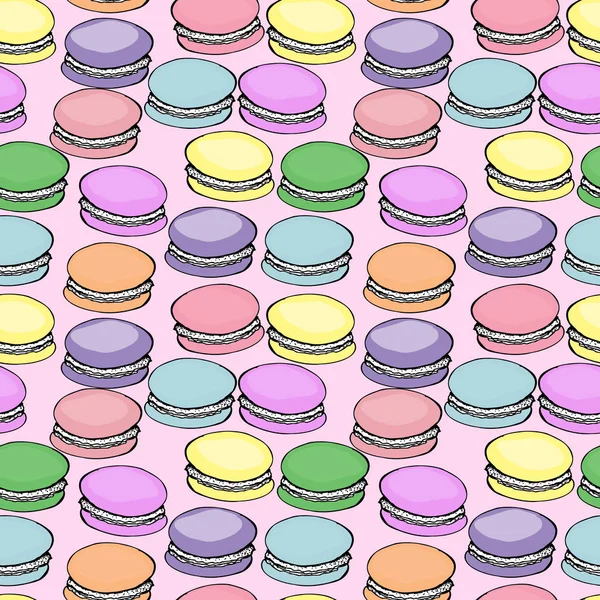 Macarons와 달콤한 맛 있는 수채화 패턴입니다. 손으로 그린 배경입니다. 벡터 일러스트 레이 션 핑크에 — 스톡 벡터