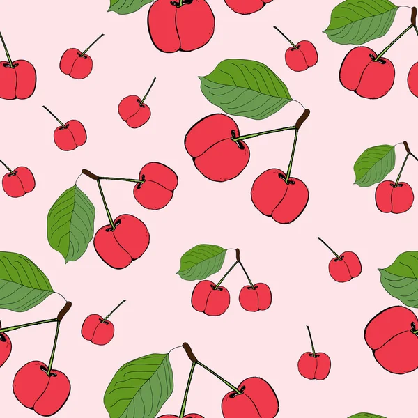 漂亮的樱桃无缝图案。适用于纺织品、包装材料、墙纸等.甜红色成熟的樱桃在粉红色的背景上被分离出来.矢量说明 — 图库矢量图片