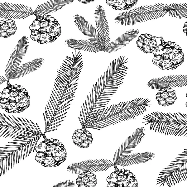 Nahtlose Muster Baumzweige und Zapfen gemalte Linie auf einem weißen. Baum, Tanne, Tannenzapfen, Zweige. Vektorillustration — Stockvektor