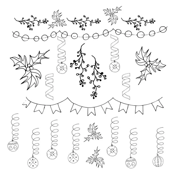 Juldekoration, christmas bells och holly svart på vitt vektor illustration — Stock vektor