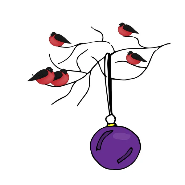 Bullfinches ül egy ága. Karácsonyi bál lóg a fióktelep. A fehér színű vektor illusrtation — Stock Vector