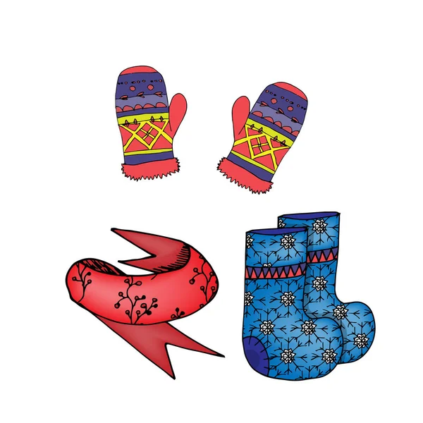 Ropa de invierno guantes, bufanda, botas de fieltro. Ilustración vectorial en color blanco — Vector de stock