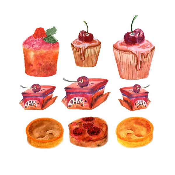 Set acquerello di dessert diversi. Illustrazione, schizzo su bianco — Foto Stock