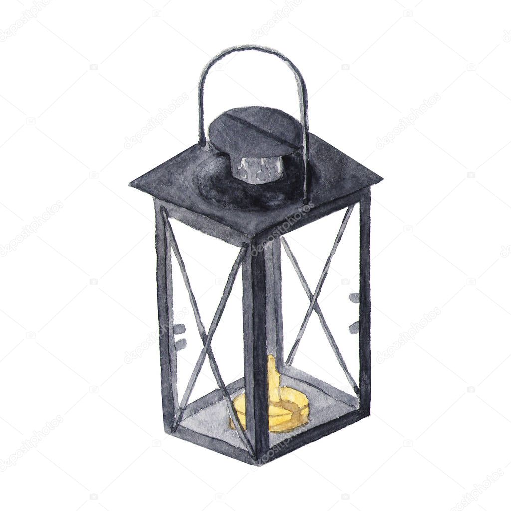 Watercolor traditional black lantern with candle. Hand painted Christmas lantern on white background for design, print