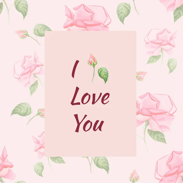 Handpainted watercolor greeting card with flower pattern and text I love you in vintage style. Roses on pink