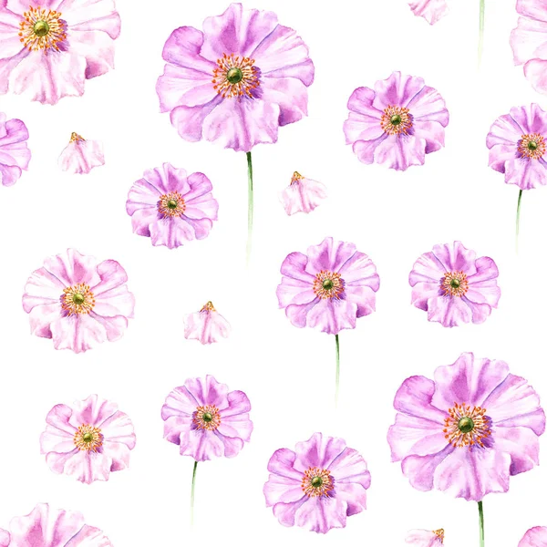Handpainted watercolor seamless pattern with flower anemone — Stock Photo, Image