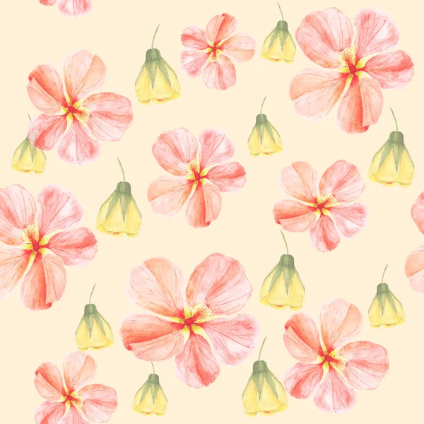 Handpainted watercolor seamless pattern with yellow and red mallow flowers Abutilon on light background — Stock Photo, Image