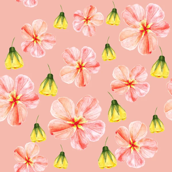Handpainted watercolor seamless pattern with yellow and red mallow flowers Abutilon on pink background — Stock Photo, Image