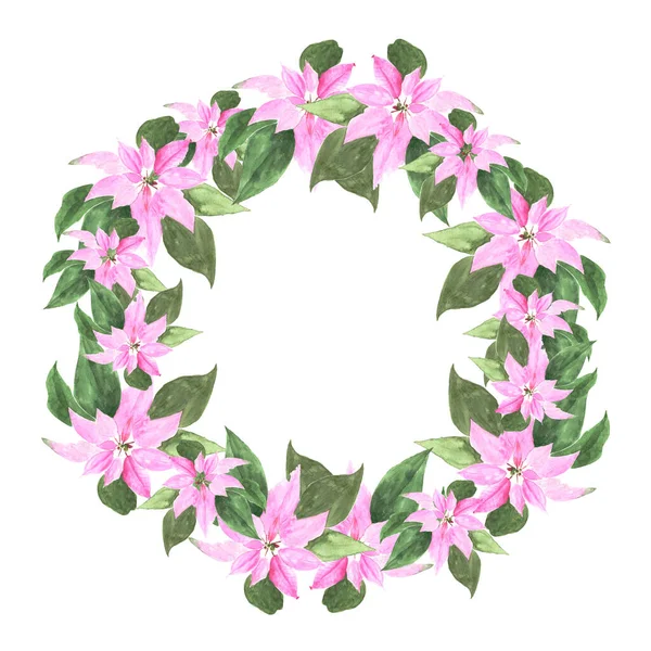 Corona de Navidad con planta de poinsettia. Ilustración botánica acuarela dibujada a mano. Objeto aislado realista —  Fotos de Stock