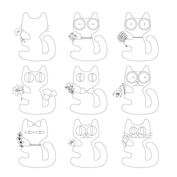 Lindo gato con flores serie doodle, avatares, boceto iconos de estilo de línea. Animales planos, logo, juego de gatos. Vector ilustración gatos — Vector de stock