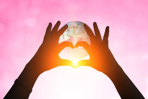 Earth Hands Heart Shaped Silhouette Blurred Background Valentine Day Concept — Stock Photo, Image