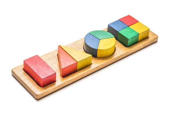 Várias peças de madeira do bloco de brinquedo e formas isoladas no branco Backg — Fotografia de Stock