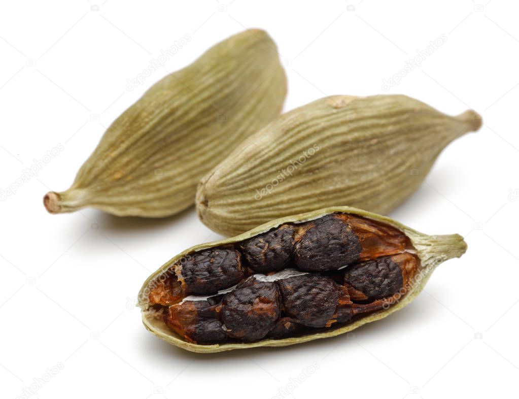 Cardamom seeds on a white background.