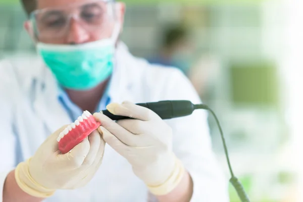 Stomatologie étudiant travaillant soigneusement sur des modèles anatomiques — Photo