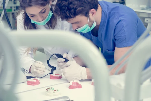 Estudiantes dentales mientras trabajan en la dentadura postiza — Foto de Stock