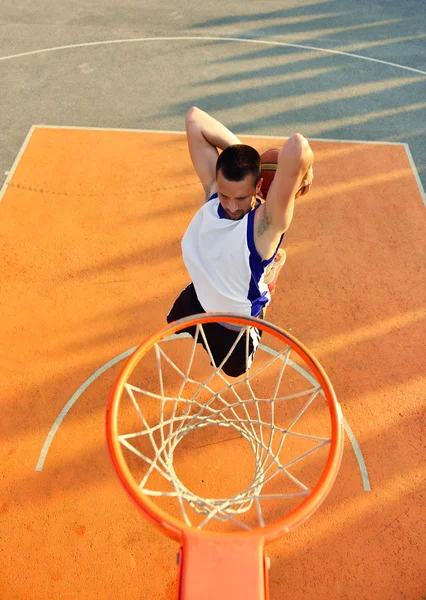 View of flying ball to basket from top. Face gesture. — Φωτογραφία Αρχείου