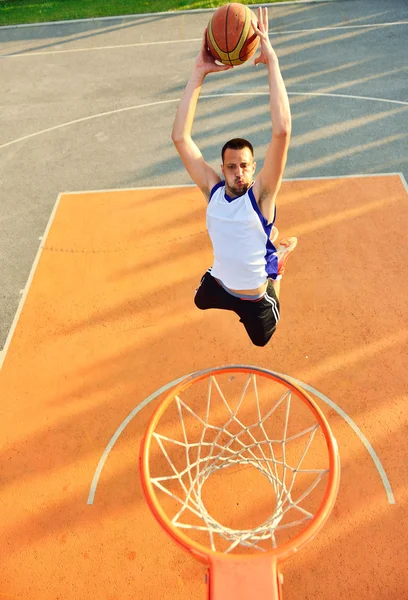 View of flying ball to basket from top. Face gesture. — ストック写真