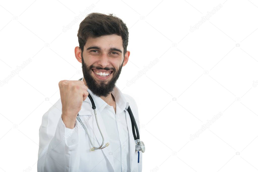 male doctor making friendly hand gesture