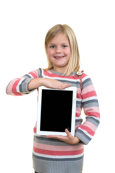Dziewczynka stoi z tabletem — Zdjęcie stockowe