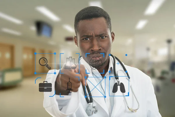 Angry african black male doctor pointing finger