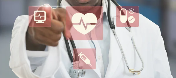 African-American doctor with symbols.