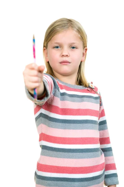 Menina bonito segurando lápis — Fotografia de Stock