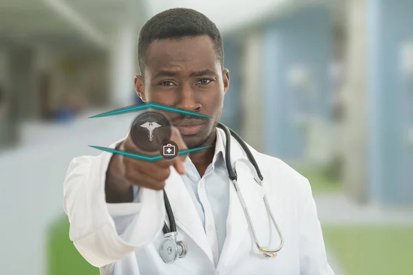 Angry african black male doctor pointing finger